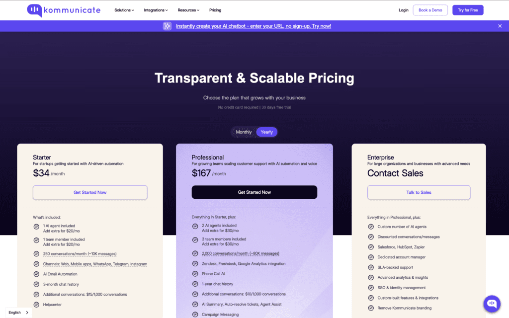 A webpage from Kommunicate displaying their Transparent & Scalable Pricing plans. Three pricing tiers are shown: Starter at $34/month with basic AI agent and chat features, Professional at $167/month with additional agents, integrations, and advanced automation, and an Enterprise plan that requires contacting sales for custom features. The page uses a purple-themed design with options to toggle Monthly or Yearly billing, and includes buttons to get started or talk to sales.